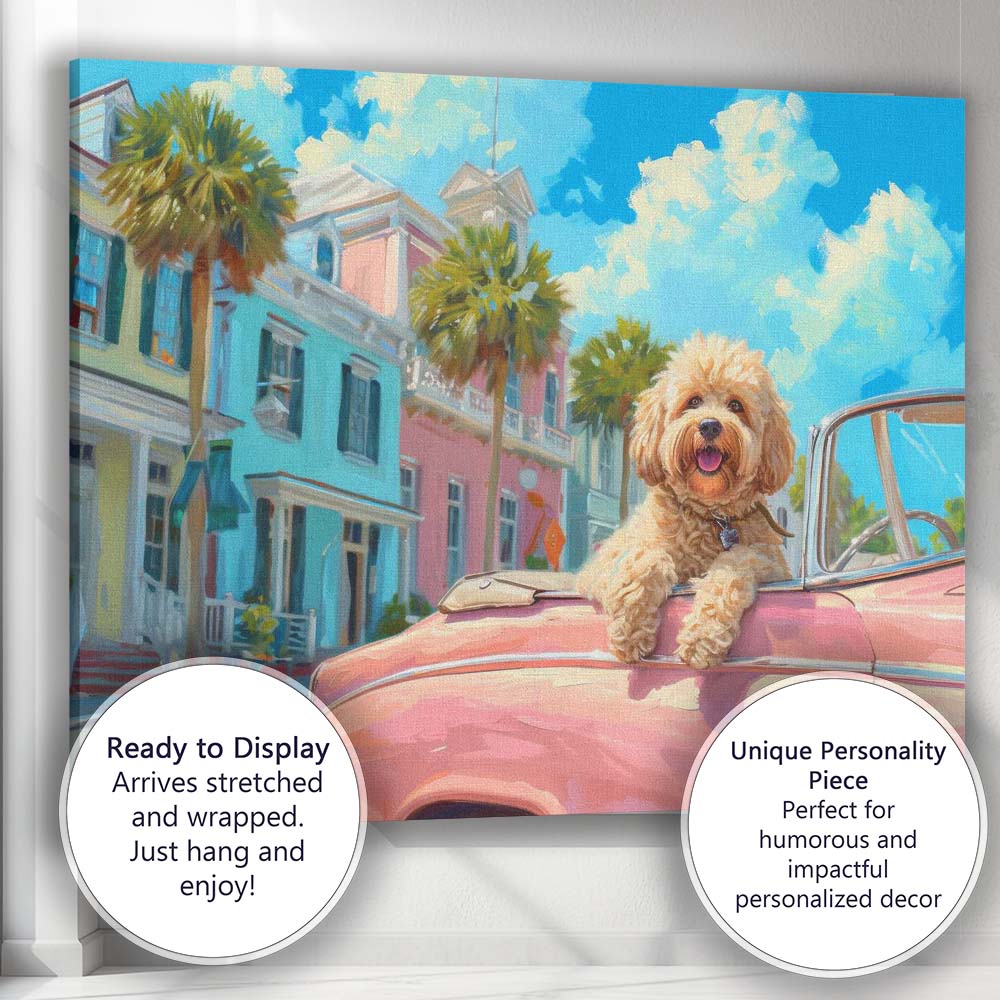 Cute Cockapoo Riding In Pink Classic Convertible Coastal Town Canvas Wall Art Print Decor Picture Ready to Hang