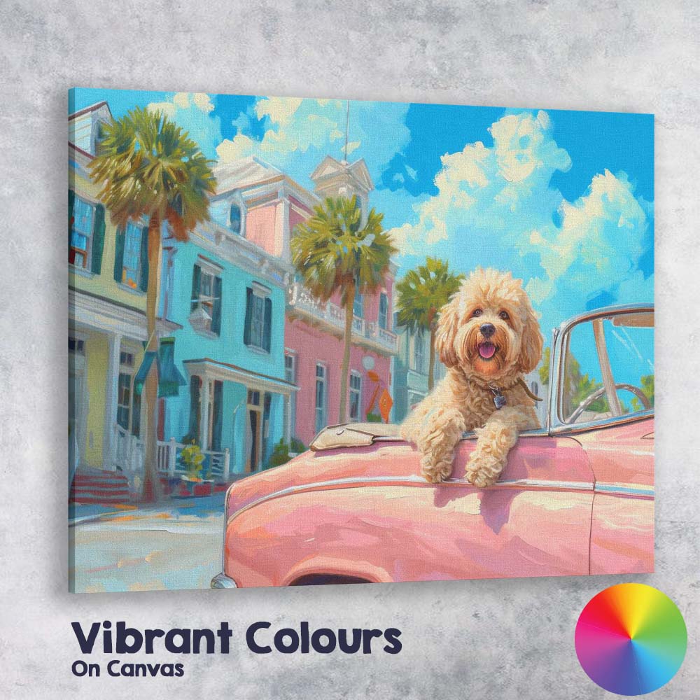Cute Cockapoo Riding In Pink Classic Convertible Coastal Town Canvas Wall Art Print Decor Picture Ready to Hang