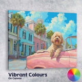 Cute Cockapoo Riding In Pink Classic Convertible Coastal Town Canvas Wall Art Print Decor Picture Ready to Hang