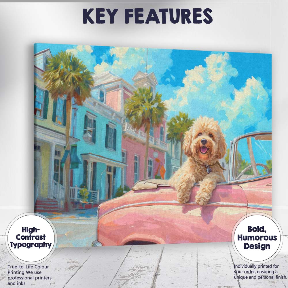 Cute Cockapoo Riding In Pink Classic Convertible Coastal Town Canvas Wall Art Print Decor Picture Ready to Hang