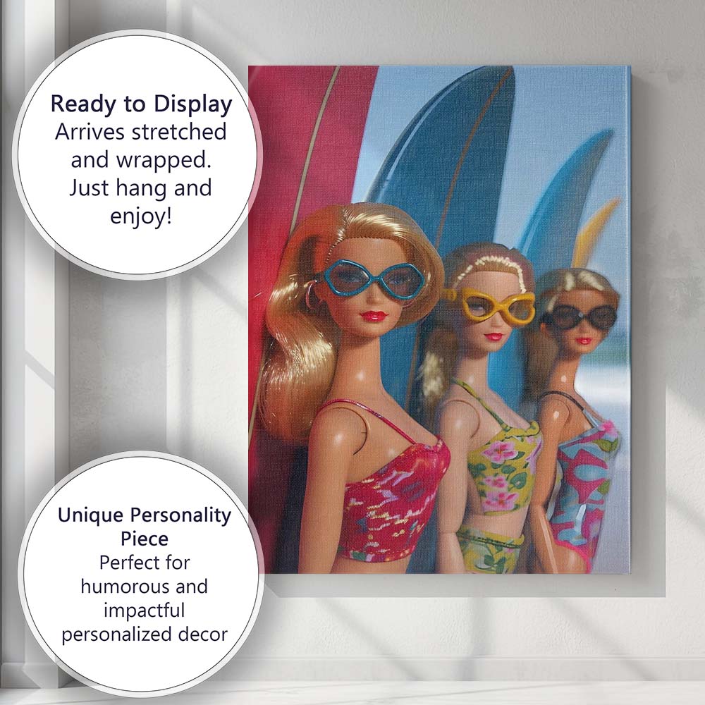 Stylish Beach Dolls With Colourful Surfboards Coastal Fashion Canvas Wall Art Print Decor Picture Ready to Hang