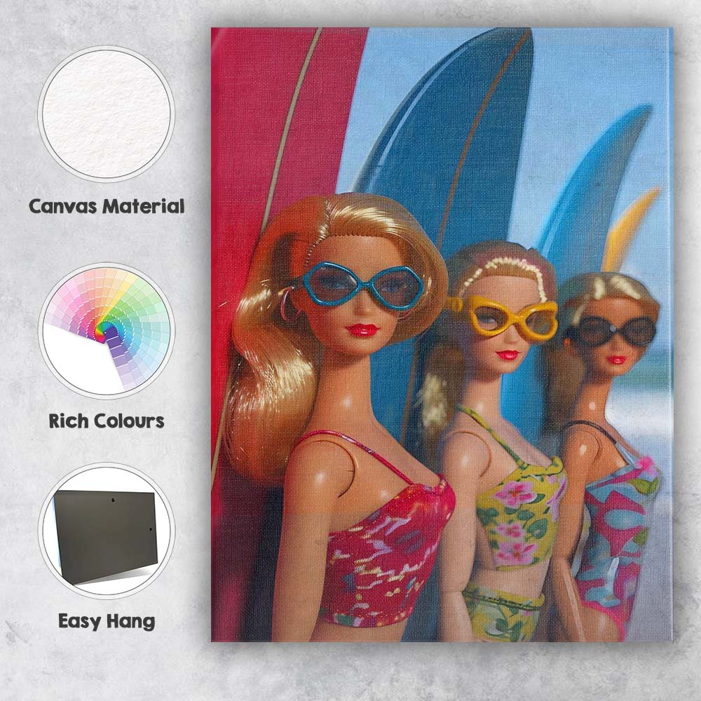 Stylish Beach Dolls With Colourful Surfboards Coastal Fashion Canvas Wall Art Print Decor Picture Ready to Hang