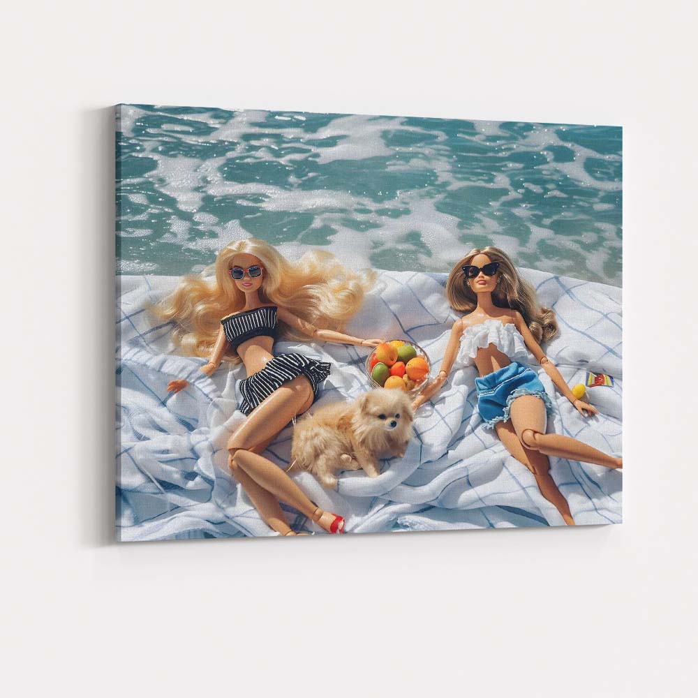Fashion Dolls Relaxing On Beach Picnic With Cute Puppy Canvas Wall Art Print Decor Picture Ready to Hang