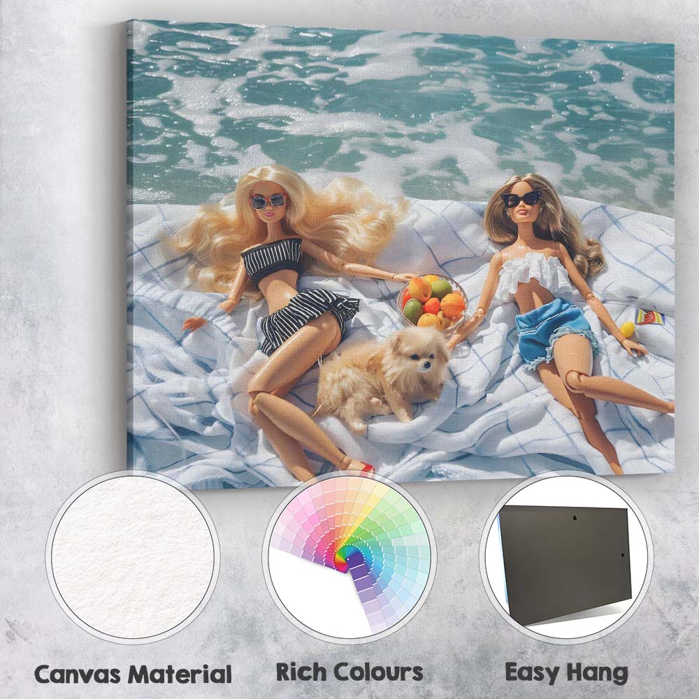Fashion Dolls Relaxing On Beach Picnic With Cute Puppy Canvas Wall Art Print Decor Picture Ready to Hang