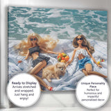 Fashion Dolls Relaxing On Beach Picnic With Cute Puppy Canvas Wall Art Print Decor Picture Ready to Hang