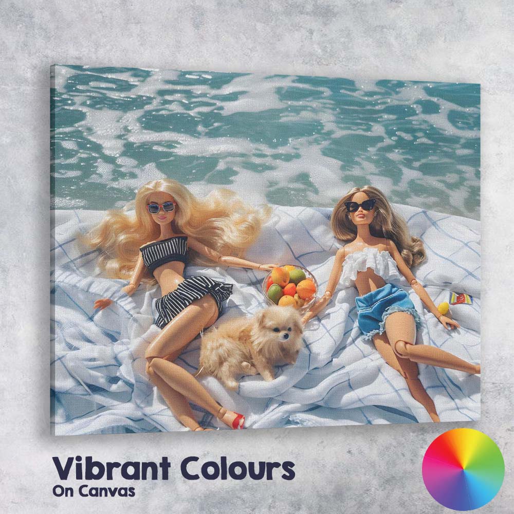 Fashion Dolls Relaxing On Beach Picnic With Cute Puppy Canvas Wall Art Print Decor Picture Ready to Hang