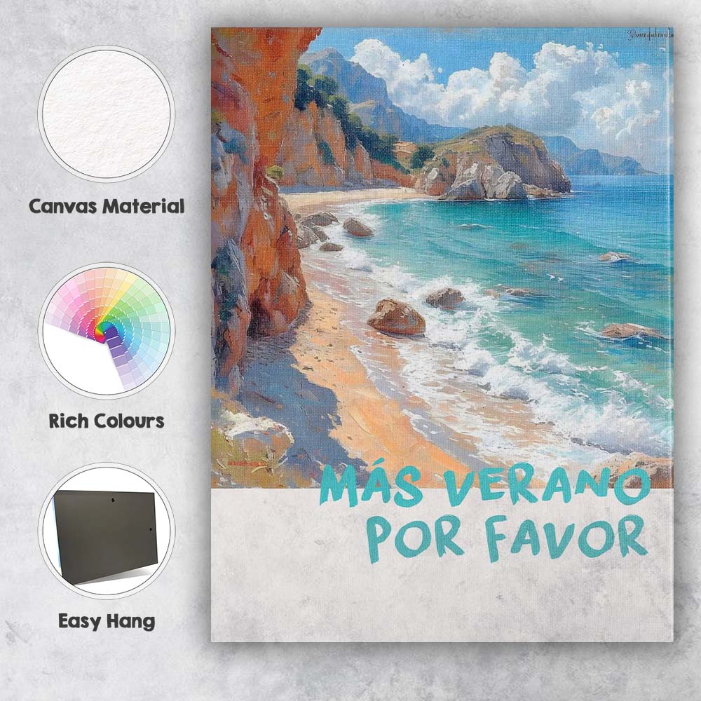 Mas Verano Por Favor Mediterranean Coastal Beach Painting Canvas Wall Art Print Decor Picture Ready to Hang