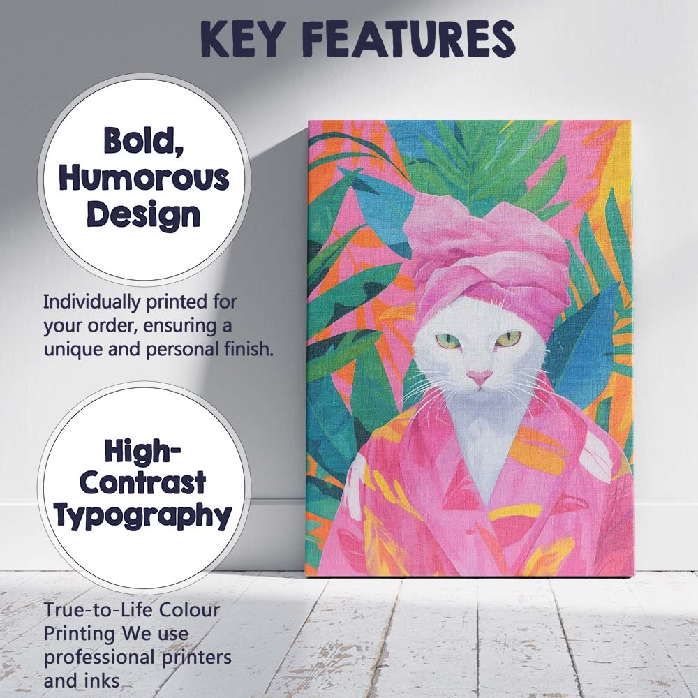 Elegant White Cat In Pink Spa Robe Tropical Botanical Canvas Wall Art Print Decor Picture Ready to Hang