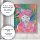 Elegant White Cat In Pink Spa Robe Tropical Botanical Canvas Wall Art Print Decor Picture Ready to Hang