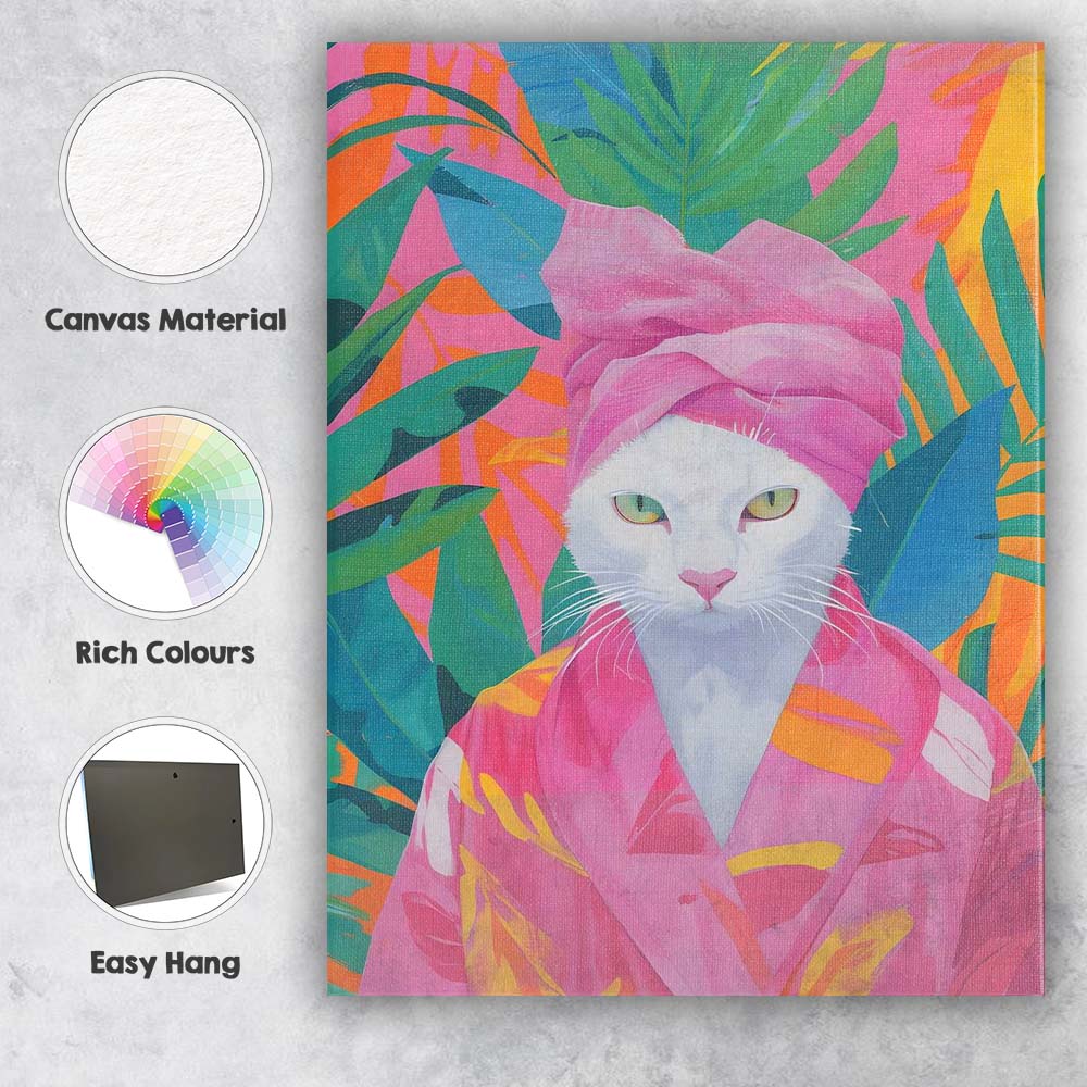 Elegant White Cat In Pink Spa Robe Tropical Botanical Canvas Wall Art Print Decor Picture Ready to Hang