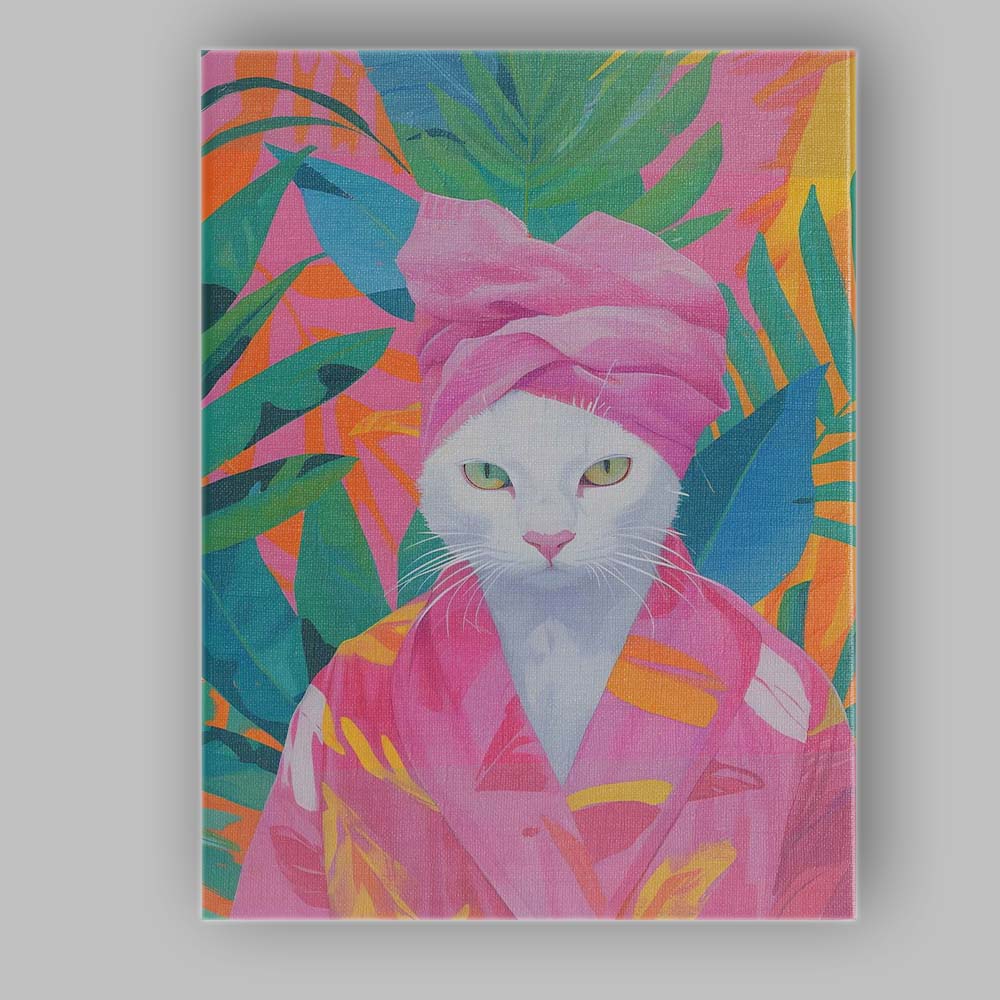 Elegant White Cat In Pink Spa Robe Tropical Botanical Canvas Wall Art Print Decor Picture Ready to Hang