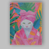 Elegant White Cat In Pink Spa Robe Tropical Botanical Canvas Wall Art Print Decor Picture Ready to Hang