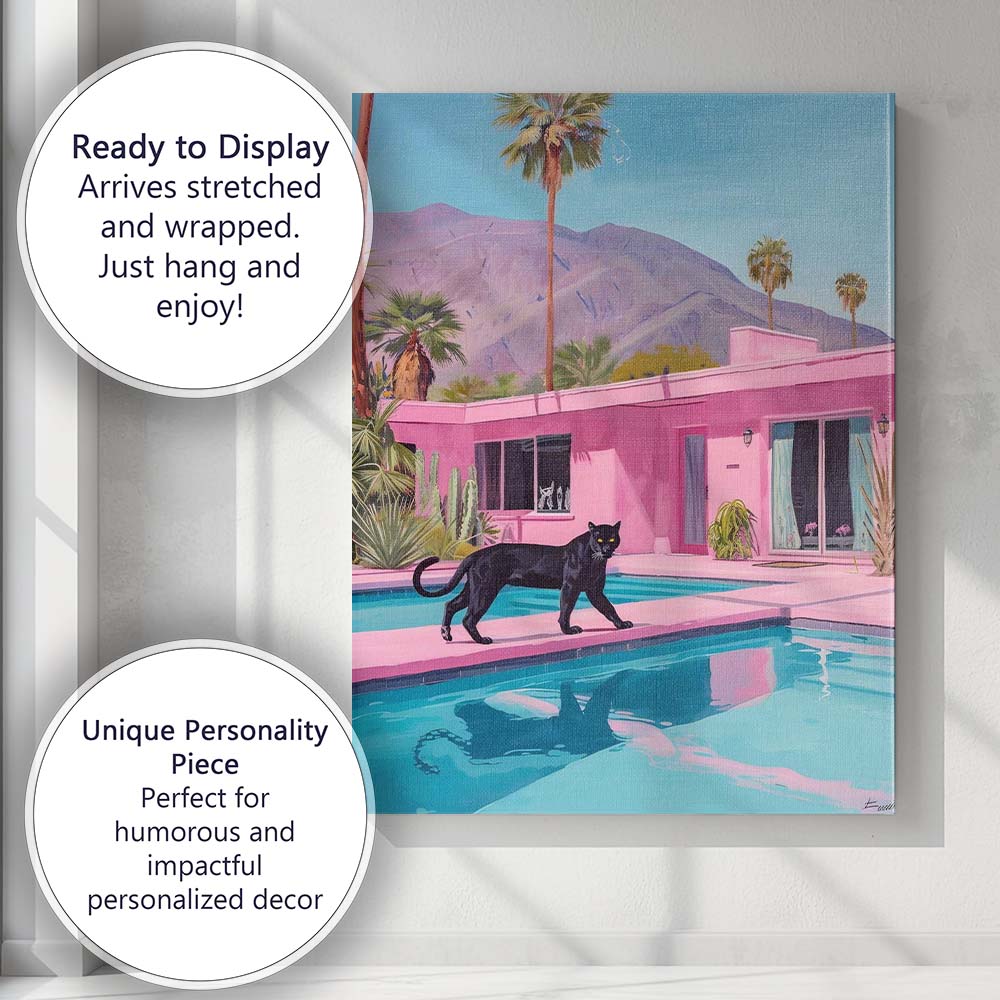 Black Panther By Pink Mid Century Modern Pool Desert Oasis Canvas Wall Art Print Decor Picture Ready to Hang