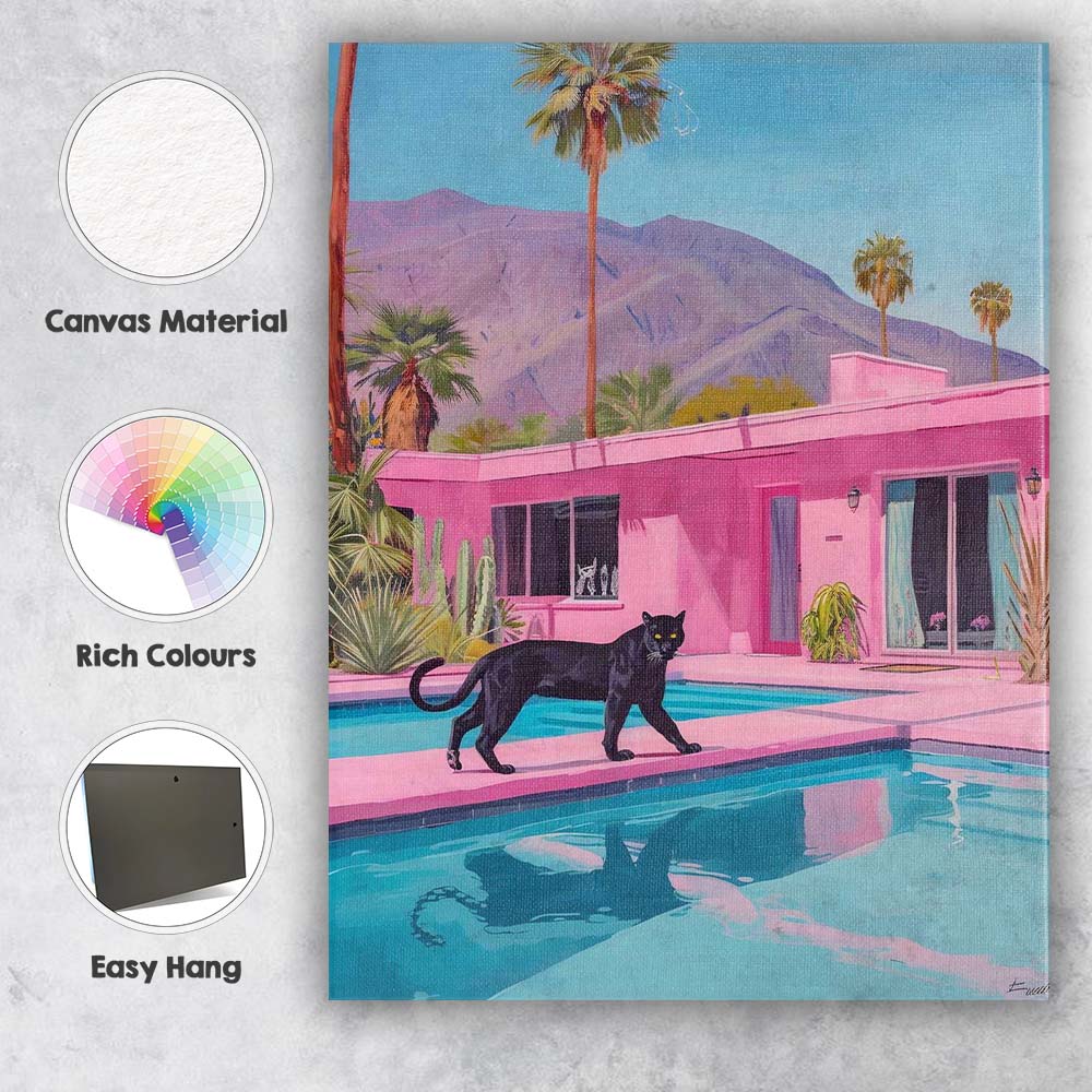 Black Panther By Pink Mid Century Modern Pool Desert Oasis Canvas Wall Art Print Decor Picture Ready to Hang