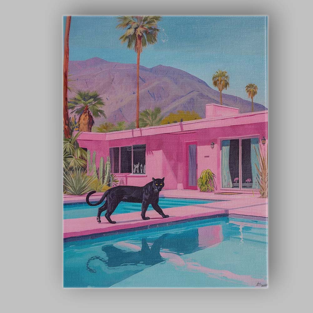 Black Panther By Pink Mid Century Modern Pool Desert Oasis Canvas Wall Art Print Decor Picture Ready to Hang