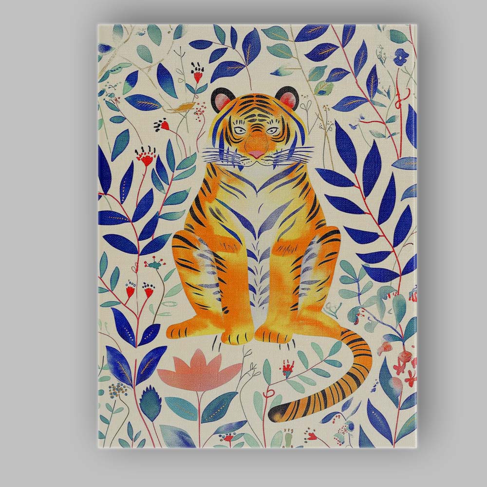 Whimsical Tiger Botanical Jungle Illustration Canvas Wall Art Print Decor Picture Ready to Hang