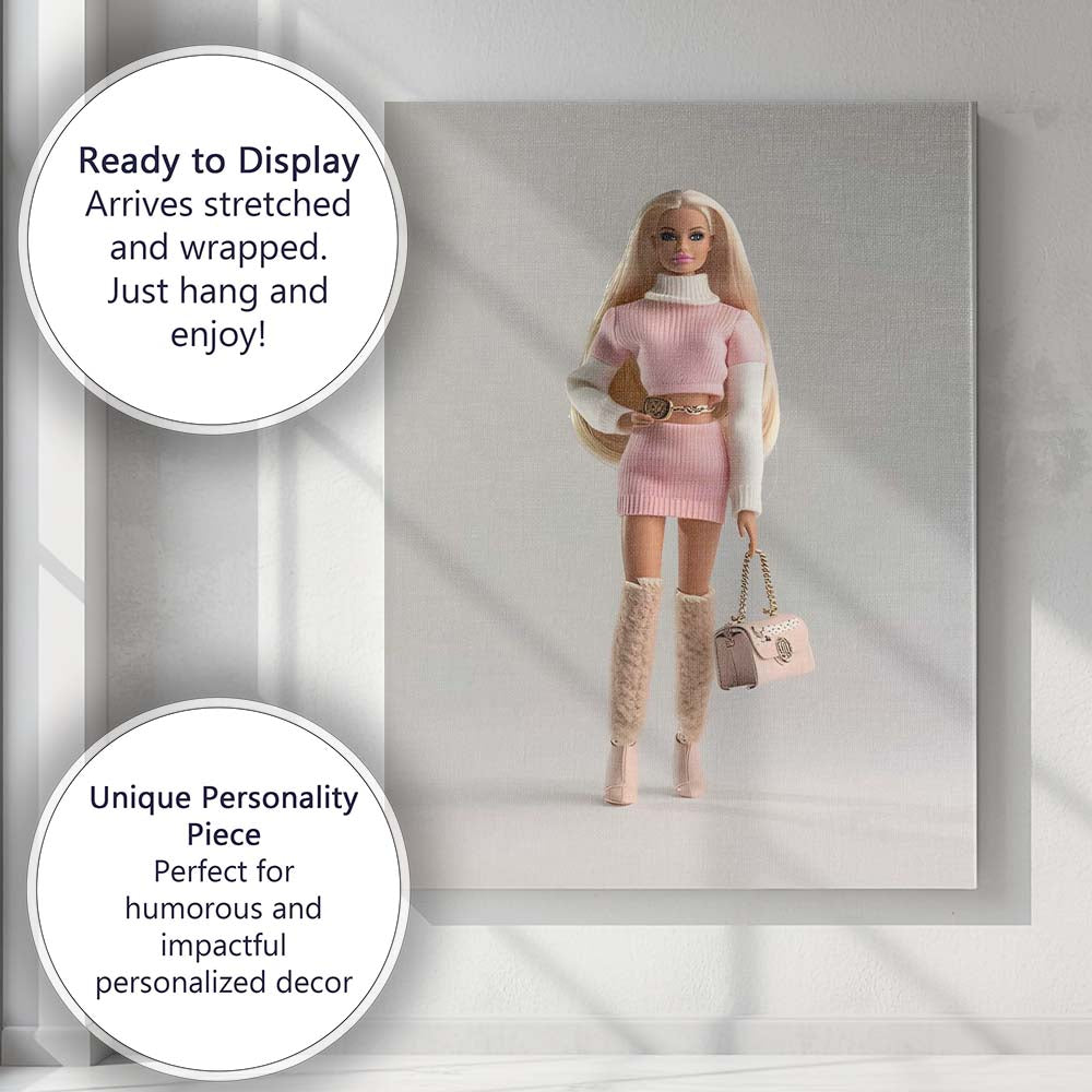 Fashion Doll Pink Knit Outfit Glamour Portrait Canvas Wall Art Print Decor Picture Ready to Hang