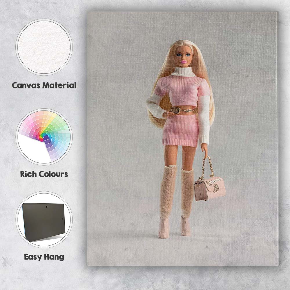 Fashion Doll Pink Knit Outfit Glamour Portrait Canvas Wall Art Print Decor Picture Ready to Hang
