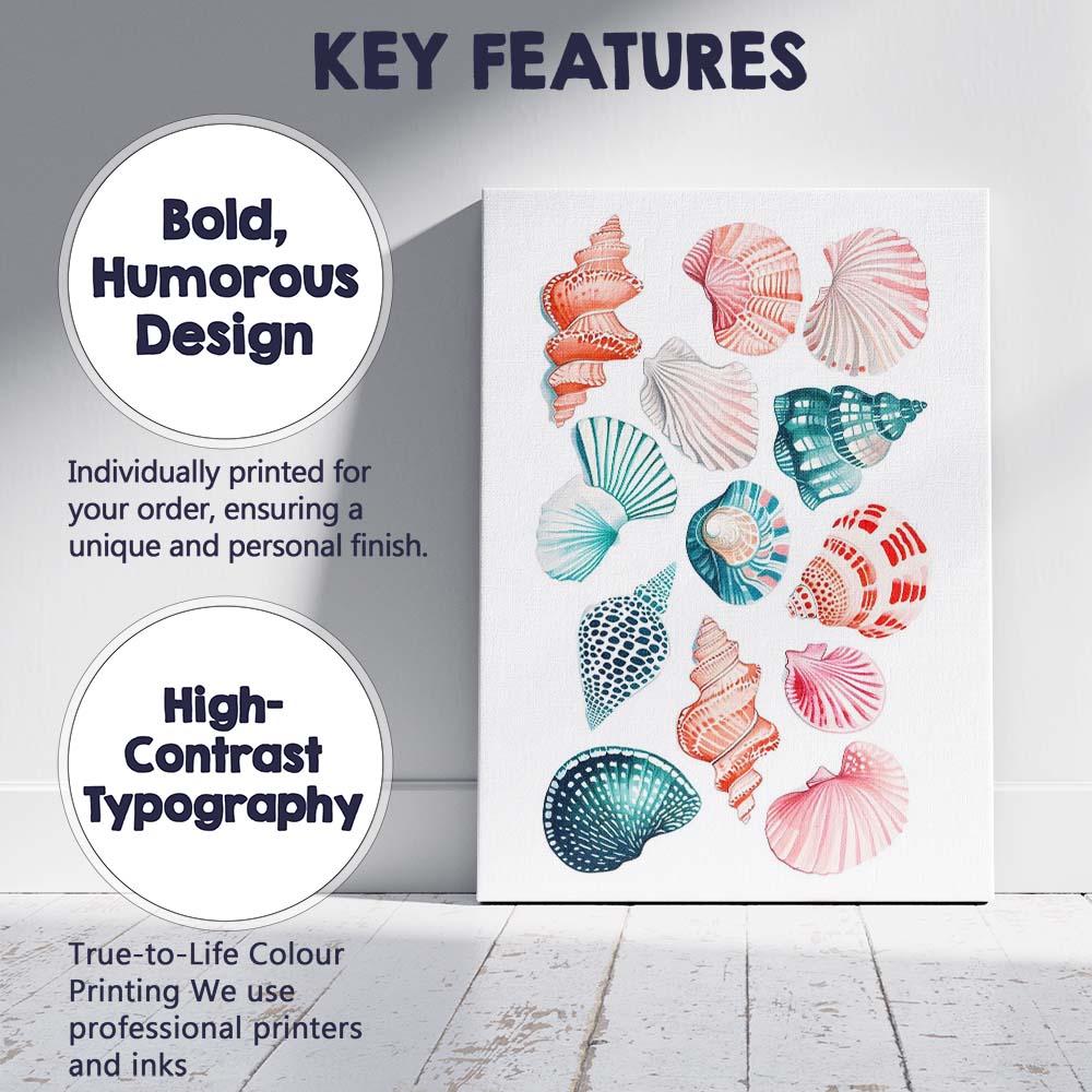Colourful Coastal Seashell Collection Watercolour Illustration Canvas Wall Art Print Decor Picture Ready to Hang