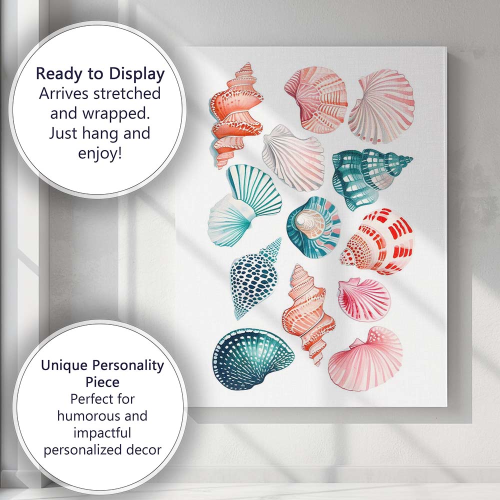 Colourful Coastal Seashell Collection Watercolour Illustration Canvas Wall Art Print Decor Picture Ready to Hang