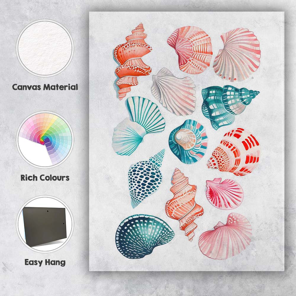 Colourful Coastal Seashell Collection Watercolour Illustration Canvas Wall Art Print Decor Picture Ready to Hang