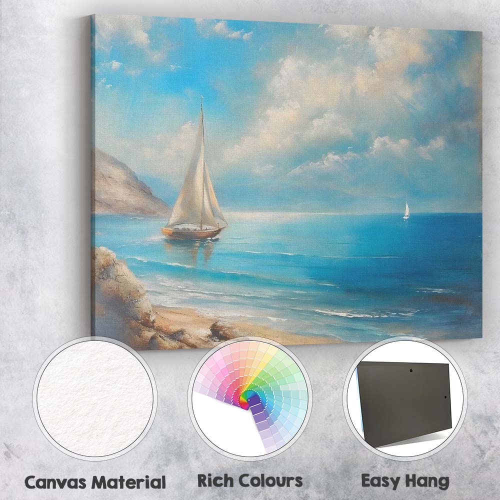 Blue Coastal Sailboat Seascape Oil Painting Canvas Wall Art Print Decor Picture Ready to Hang