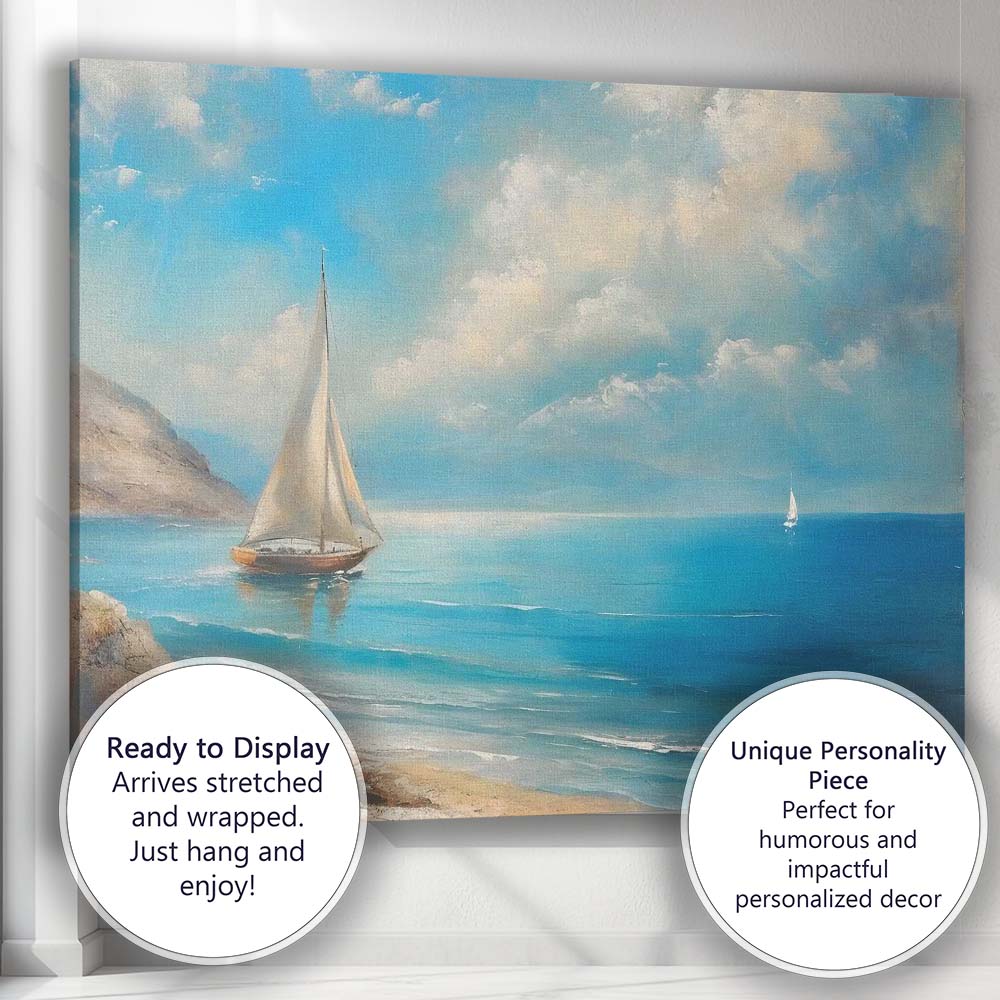 Blue Coastal Sailboat Seascape Oil Painting Canvas Wall Art Print Decor Picture Ready to Hang