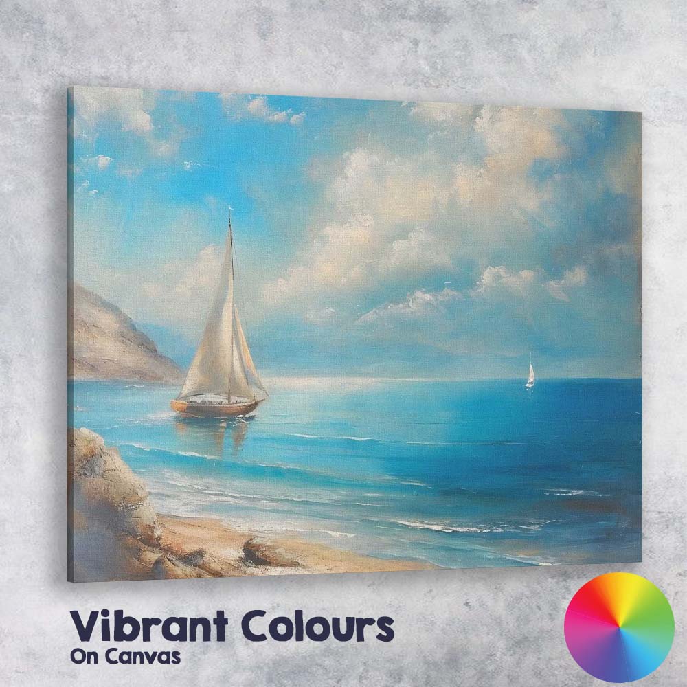 Blue Coastal Sailboat Seascape Oil Painting Canvas Wall Art Print Decor Picture Ready to Hang