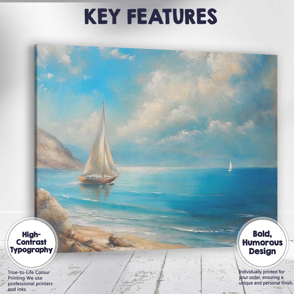 Blue Coastal Sailboat Seascape Oil Painting Canvas Wall Art Print Decor Picture Ready to Hang