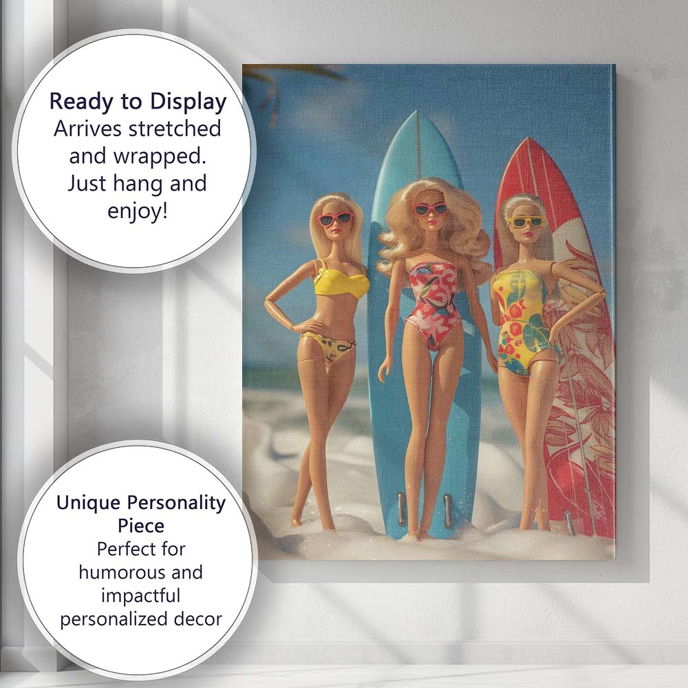 Retro Beach Surfer Fashion Dolls With Colourful Surfboards Canvas Wall Art Print Decor Picture Ready to Hang