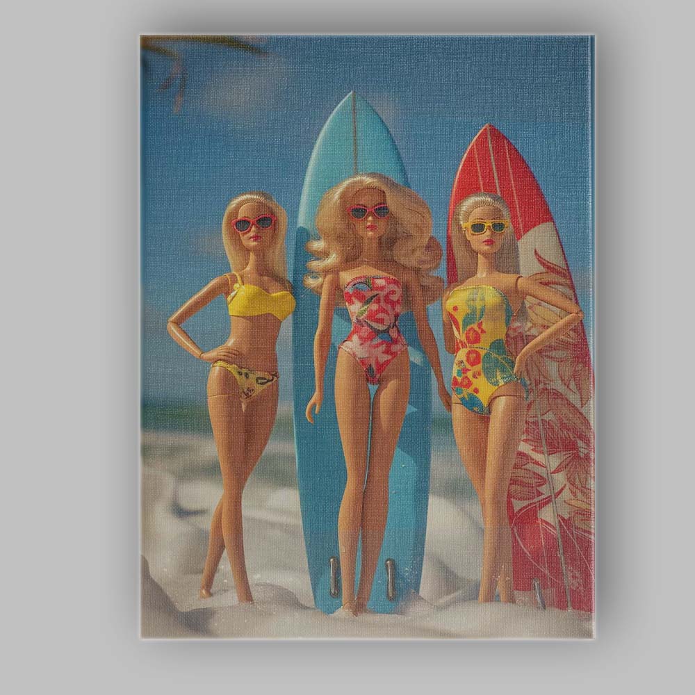 Retro Beach Surfer Fashion Dolls With Colourful Surfboards Canvas Wall Art Print Decor Picture Ready to Hang