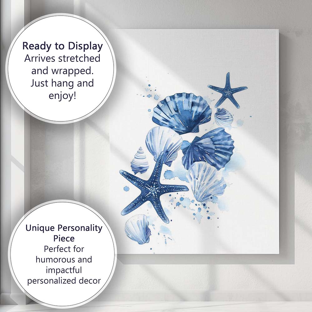Blue Watercolour Seashell And Starfish Coastal Collage Canvas Wall Art Print Decor Picture Ready to Hang
