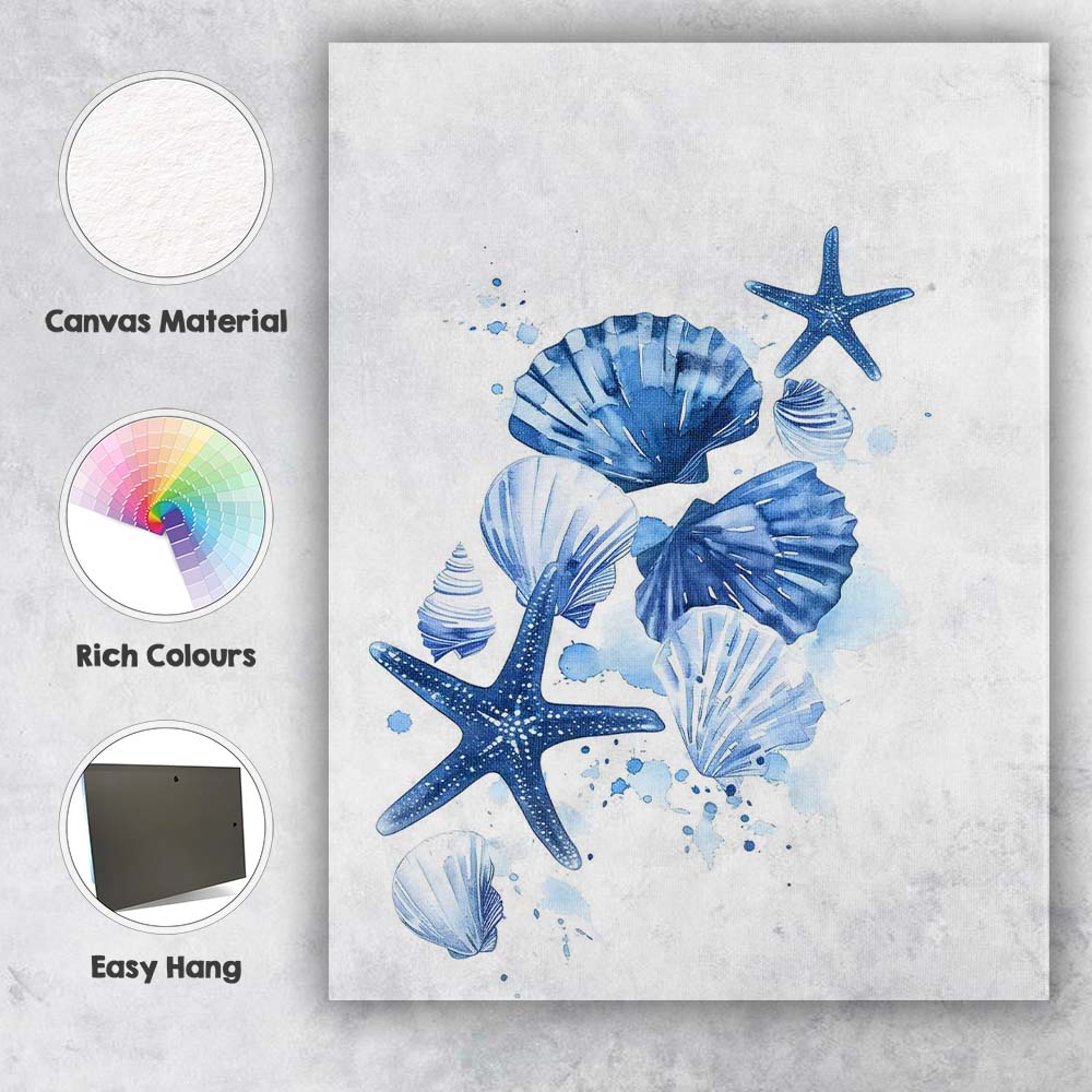 Blue Watercolour Seashell And Starfish Coastal Collage Canvas Wall Art Print Decor Picture Ready to Hang