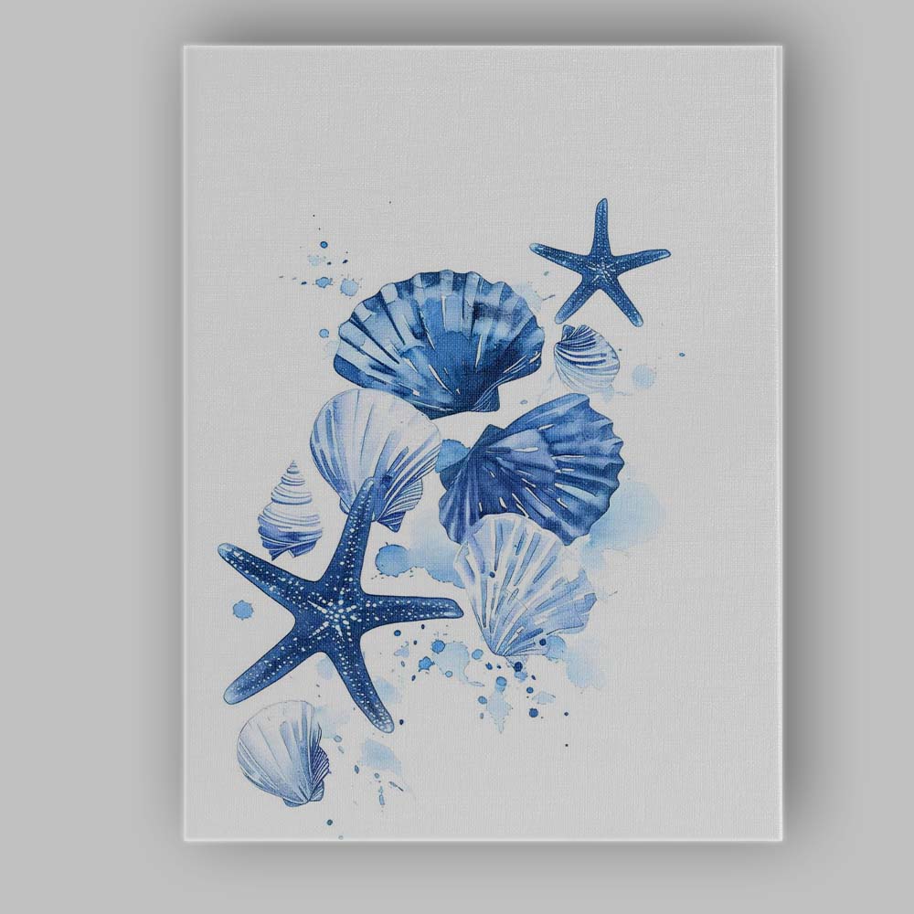 Blue Watercolour Seashell And Starfish Coastal Collage Canvas Wall Art Print Decor Picture Ready to Hang