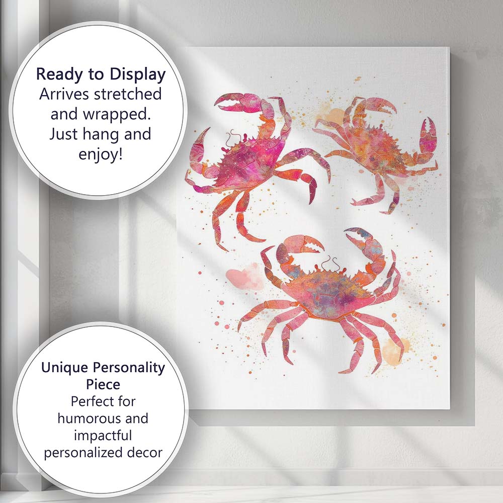 Vibrant Watercolour Coastal Crab Illustration Canvas Wall Art Print Decor Picture Ready to Hang