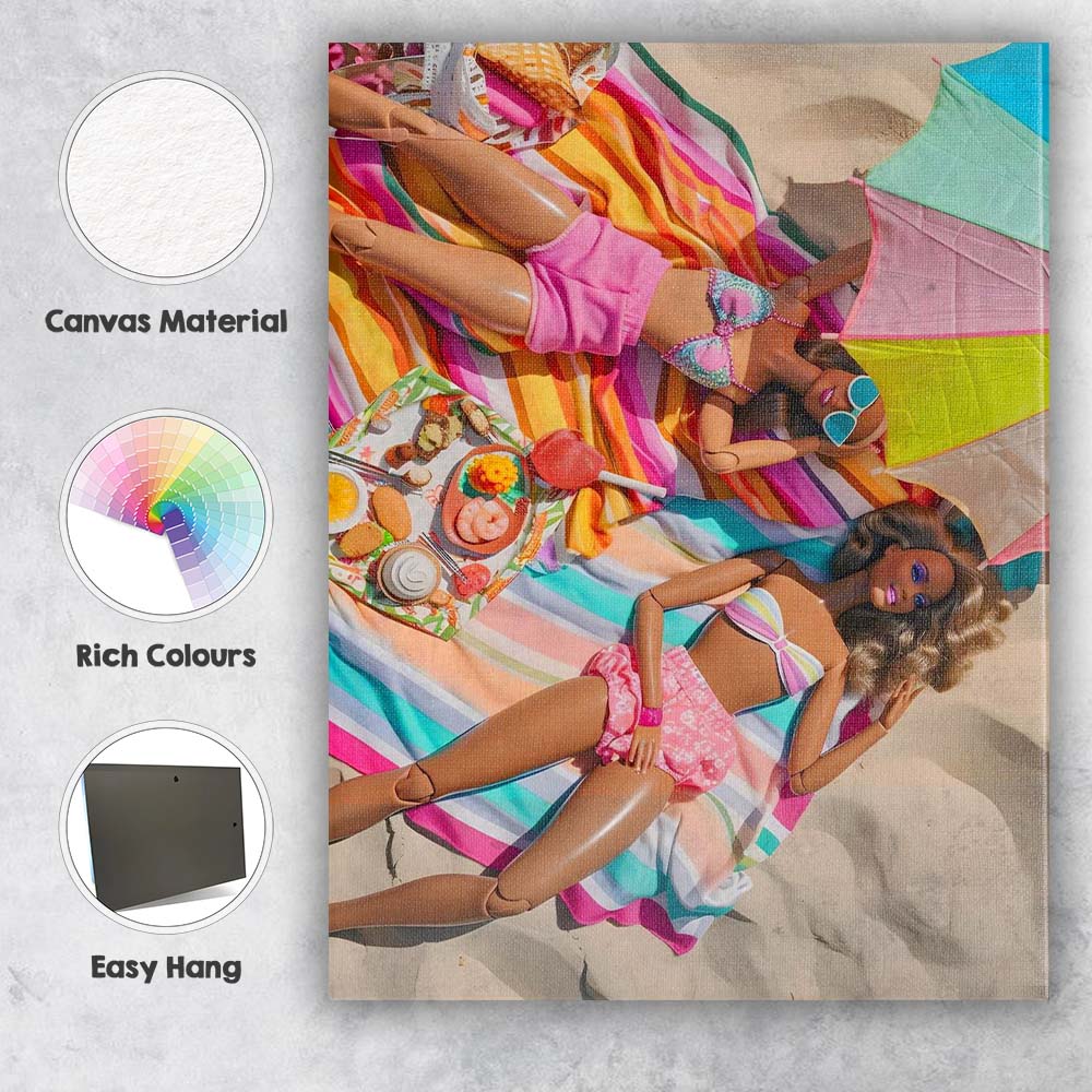 Colourful Beach Picnic Fashion Dolls Summer Scene Canvas Wall Art Print Decor Picture Ready to Hang