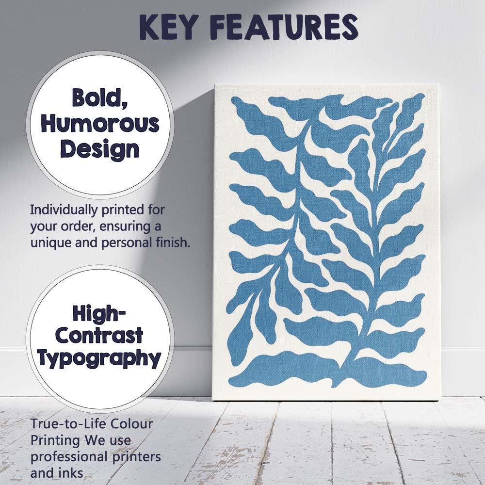 Blue Coastal Seaweed Botanical Minimalist Illustration Canvas Wall Art Print Decor Picture Ready to Hang