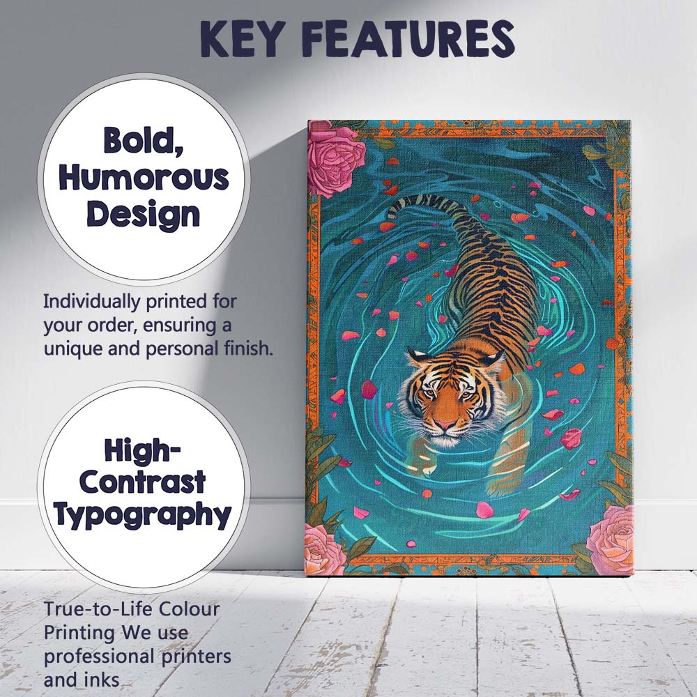 Exotic Tiger Swimming With Rose Petals Botanical Frame Canvas Wall Art Print Decor Picture Ready to Hang