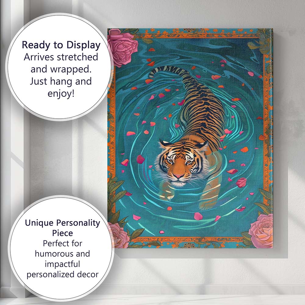 Exotic Tiger Swimming With Rose Petals Botanical Frame Canvas Wall Art Print Decor Picture Ready to Hang