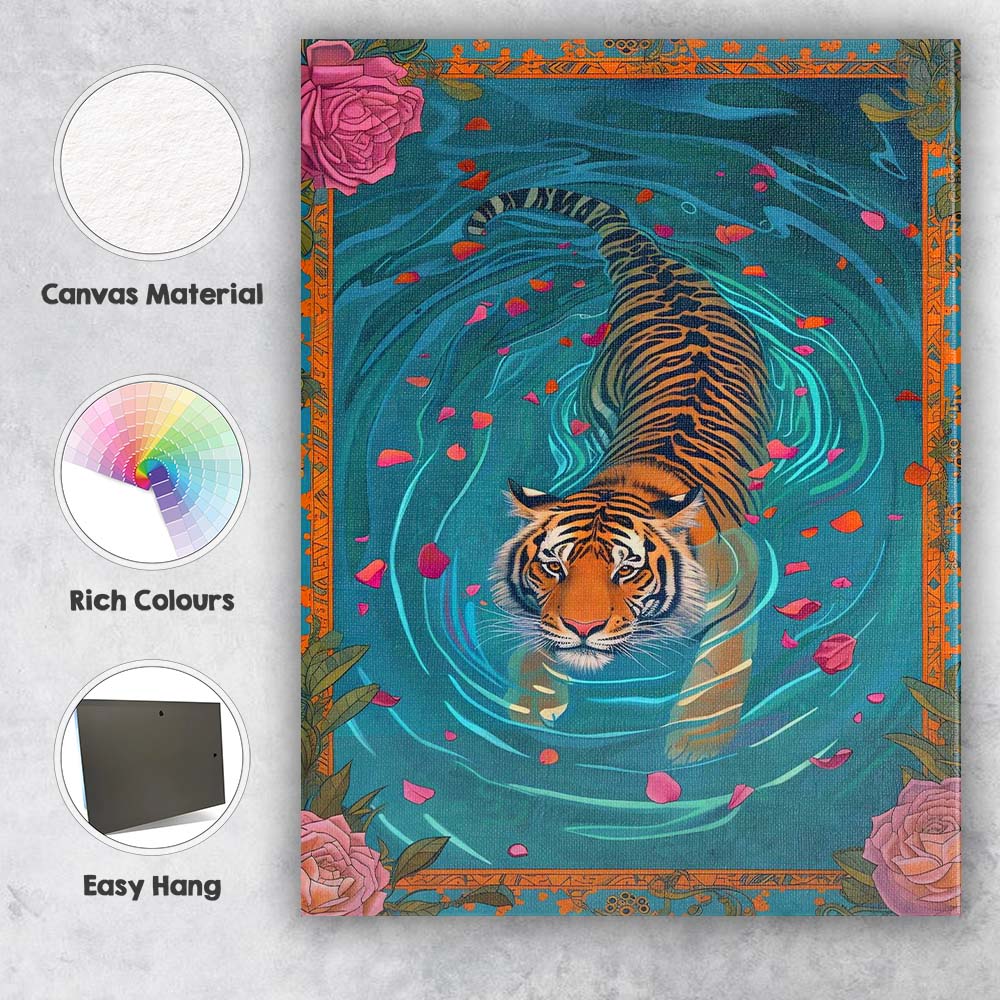 Exotic Tiger Swimming With Rose Petals Botanical Frame Canvas Wall Art Print Decor Picture Ready to Hang