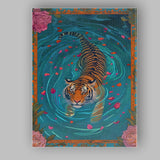 Exotic Tiger Swimming With Rose Petals Botanical Frame Canvas Wall Art Print Decor Picture Ready to Hang