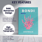 Bondi Beach Australia Pink Coral Typography Travel Poster Canvas Wall Art Print Decor Picture Ready to Hang