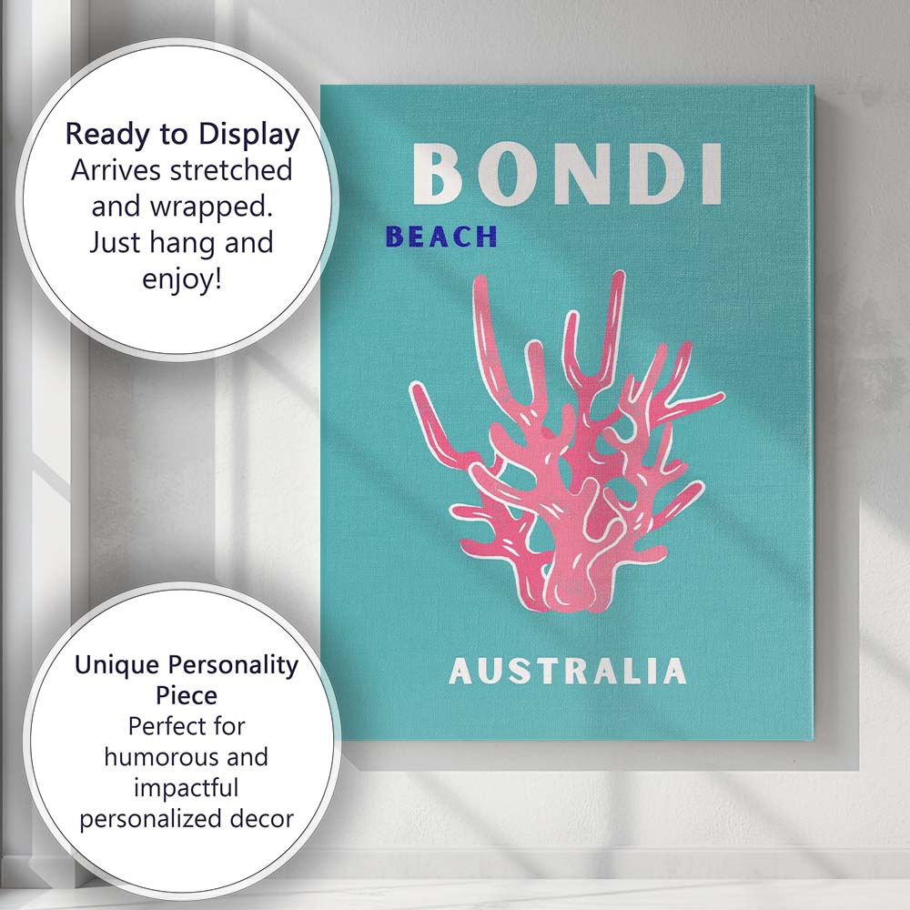 Bondi Beach Australia Pink Coral Typography Travel Poster Canvas Wall Art Print Decor Picture Ready to Hang