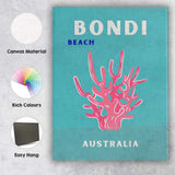 Bondi Beach Australia Pink Coral Typography Travel Poster Canvas Wall Art Print Decor Picture Ready to Hang