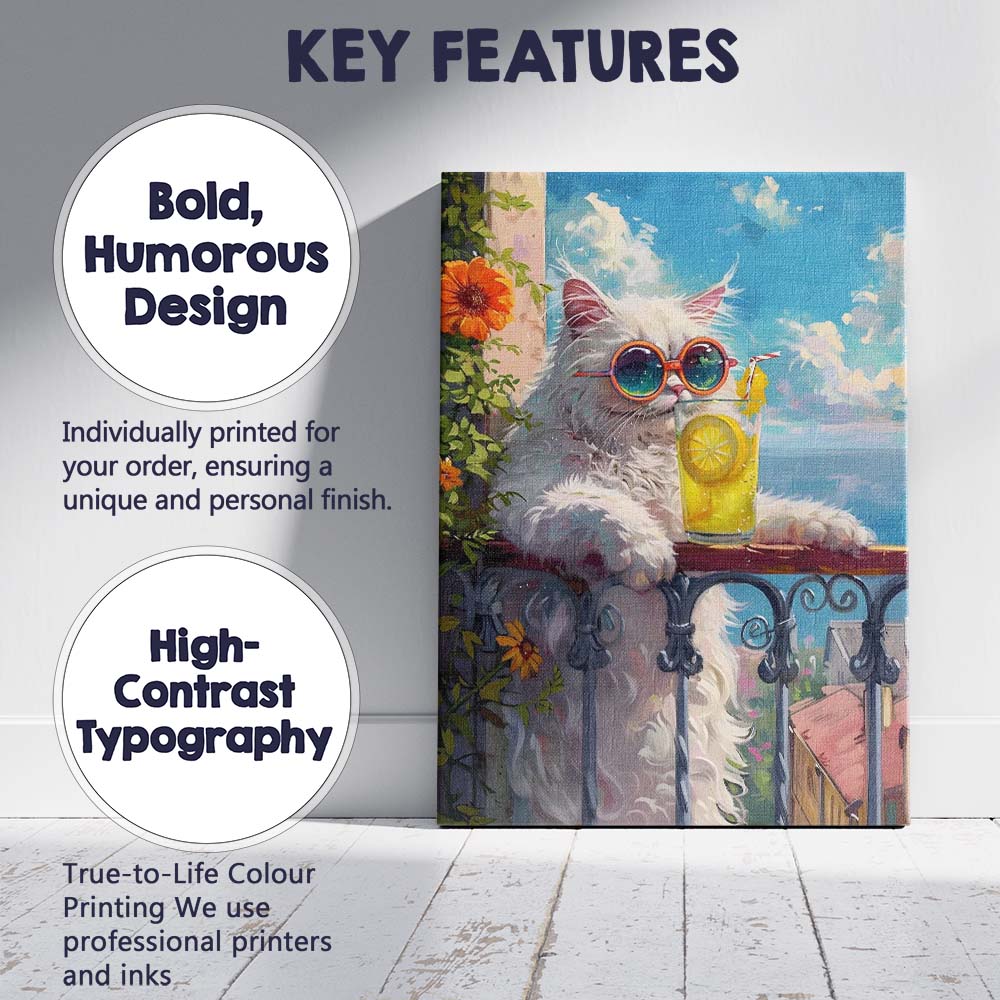Stylish White Cat With Lemonade Summer Balcony Canvas Wall Art Print Decor Picture Ready to Hang