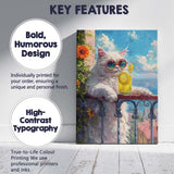 Stylish White Cat With Lemonade Summer Balcony Canvas Wall Art Print Decor Picture Ready to Hang