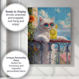 Stylish White Cat With Lemonade Summer Balcony Canvas Wall Art Print Decor Picture Ready to Hang