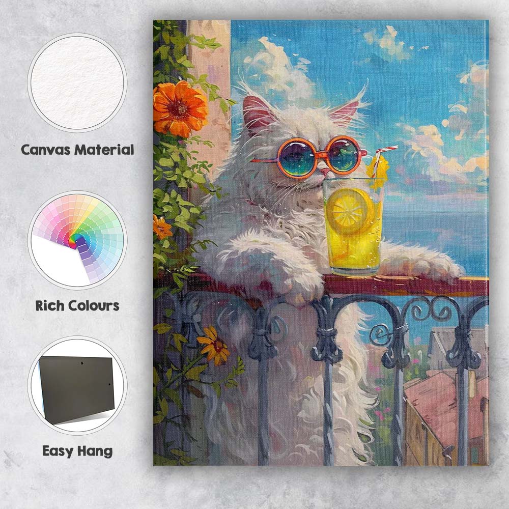 Stylish White Cat With Lemonade Summer Balcony Canvas Wall Art Print Decor Picture Ready to Hang