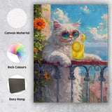 Stylish White Cat With Lemonade Summer Balcony Canvas Wall Art Print Decor Picture Ready to Hang
