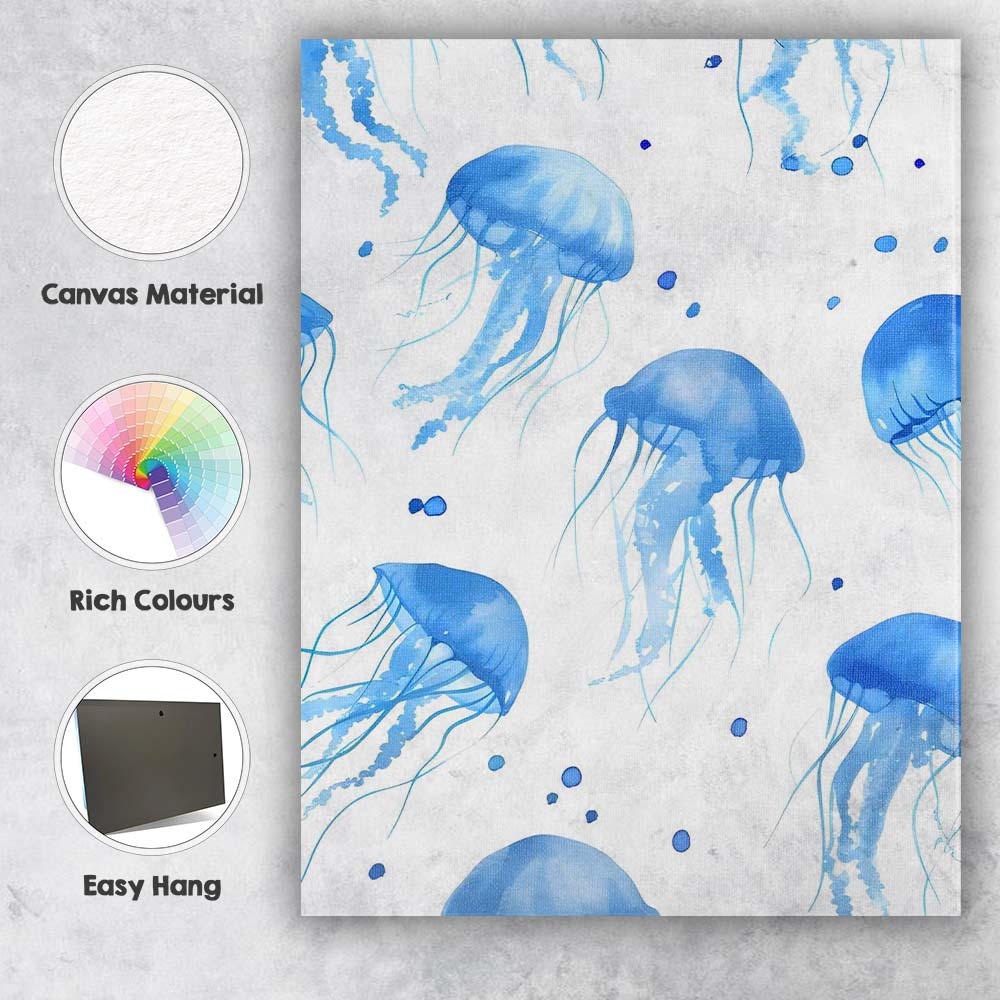 Blue Watercolour Jellyfish Ocean Repeat Pattern Canvas Wall Art Print Decor Picture Ready to Hang